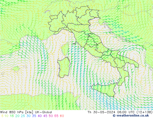 Wind 850 hPa UK-Global Th 30.05.2024 06 UTC