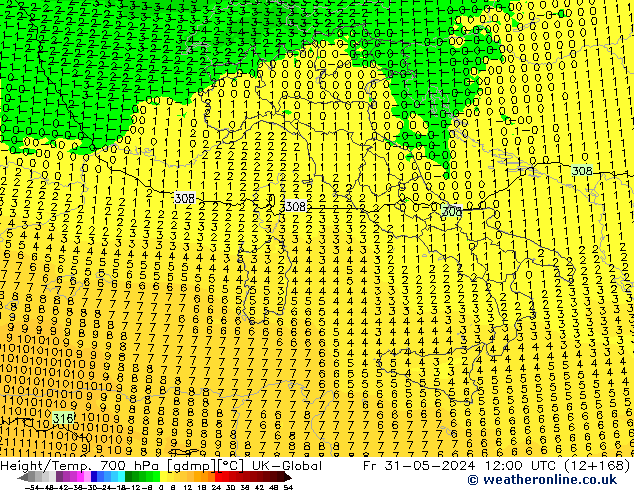 Height/Temp. 700 hPa UK-Global Fr 31.05.2024 12 UTC