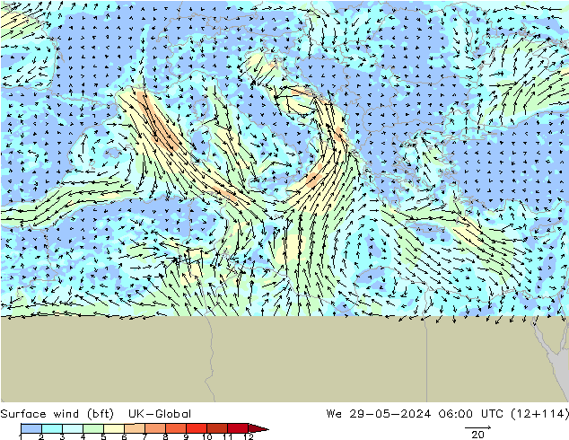 Viento 10 m (bft) UK-Global mié 29.05.2024 06 UTC