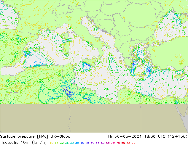Eşrüzgar Hızları (km/sa) UK-Global Per 30.05.2024 18 UTC