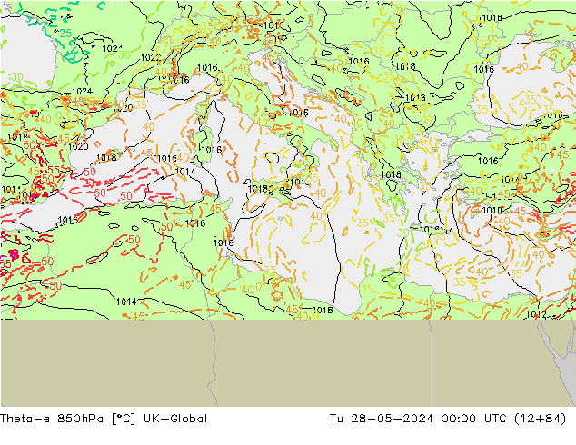 Theta-e 850гПа UK-Global вт 28.05.2024 00 UTC