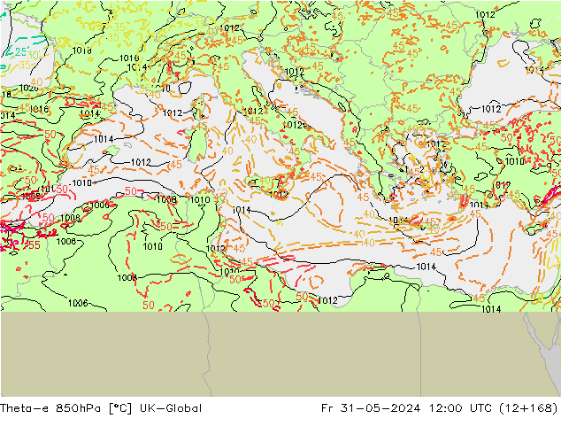 Theta-e 850hPa UK-Global Cu 31.05.2024 12 UTC