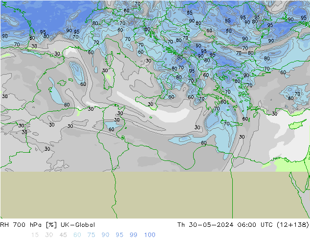 Humedad rel. 700hPa UK-Global jue 30.05.2024 06 UTC