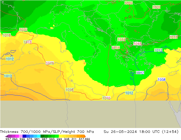 Dikte700-1000 hPa UK-Global zo 26.05.2024 18 UTC