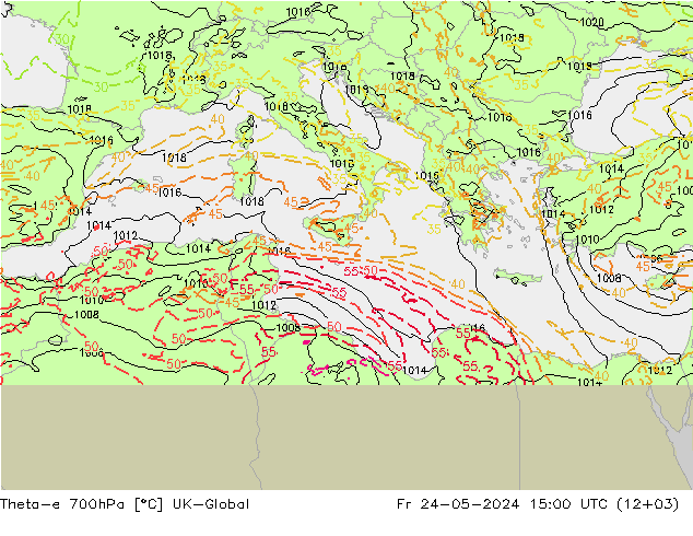 Theta-e 700hPa UK-Global Fr 24.05.2024 15 UTC