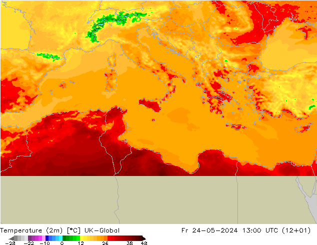 mapa temperatury (2m) UK-Global pt. 24.05.2024 13 UTC