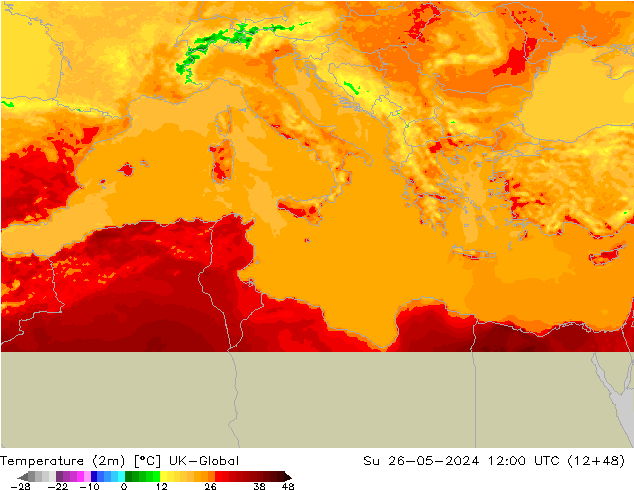 Temperaturkarte (2m) UK-Global So 26.05.2024 12 UTC