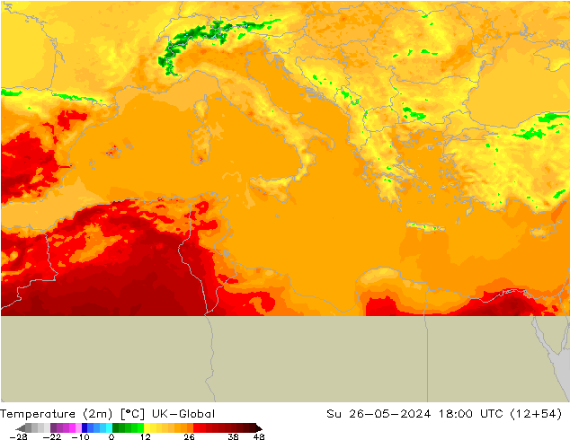 mapa temperatury (2m) UK-Global nie. 26.05.2024 18 UTC