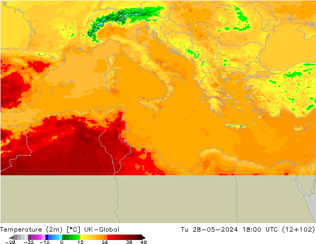 Temperaturkarte (2m) UK-Global Di 28.05.2024 18 UTC