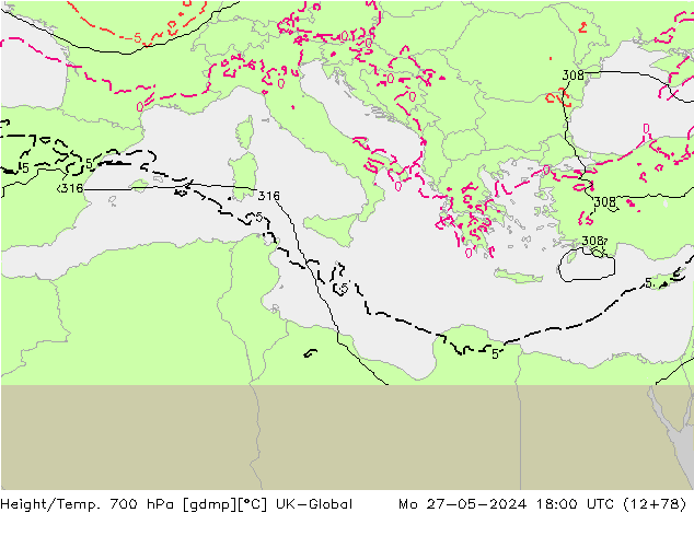 Géop./Temp. 700 hPa UK-Global lun 27.05.2024 18 UTC
