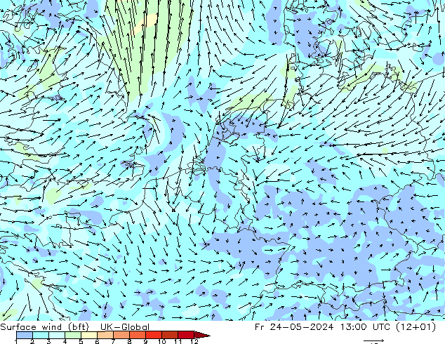 Vento 10 m (bft) UK-Global Sex 24.05.2024 13 UTC