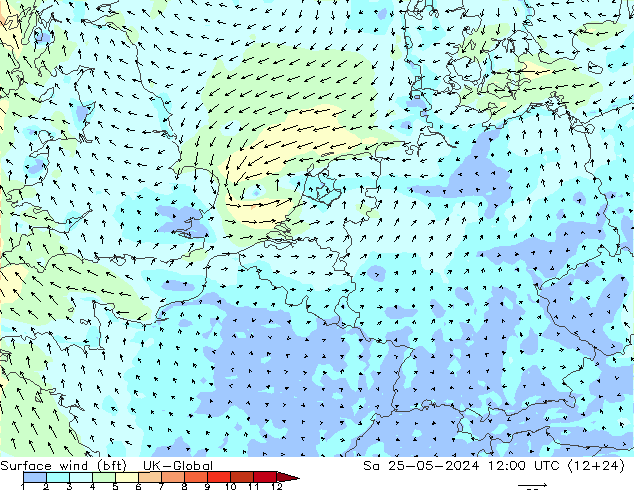 Surface wind (bft) UK-Global Sa 25.05.2024 12 UTC