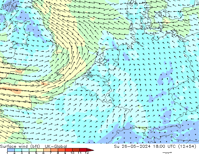 Wind 10 m (bft) UK-Global zo 26.05.2024 18 UTC