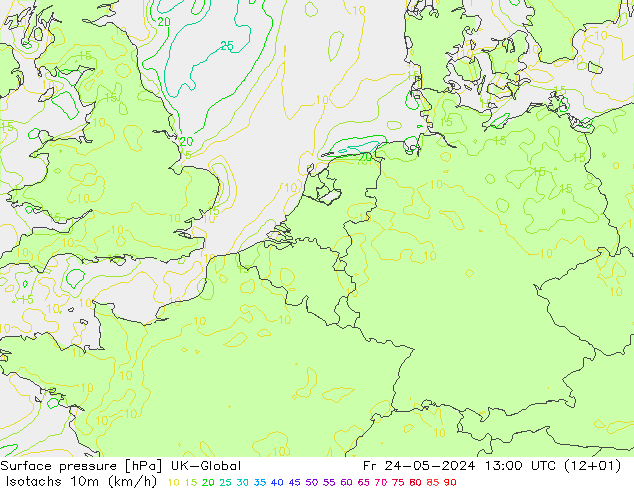 Isotachs (kph) UK-Global Pá 24.05.2024 13 UTC