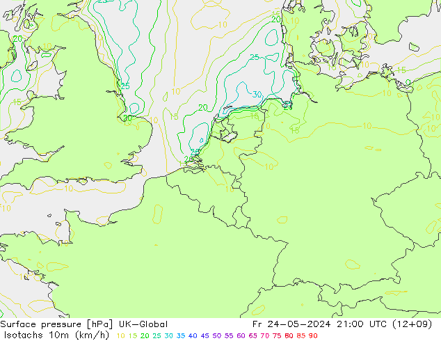 Isotachs (kph) UK-Global Pá 24.05.2024 21 UTC