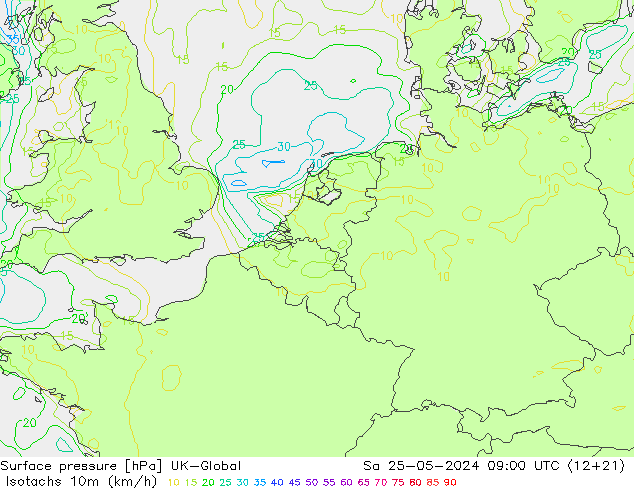 Isotachs (kph) UK-Global Sáb 25.05.2024 09 UTC