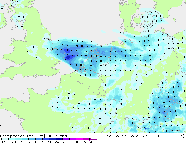 Precipitation (6h) UK-Global So 25.05.2024 12 UTC