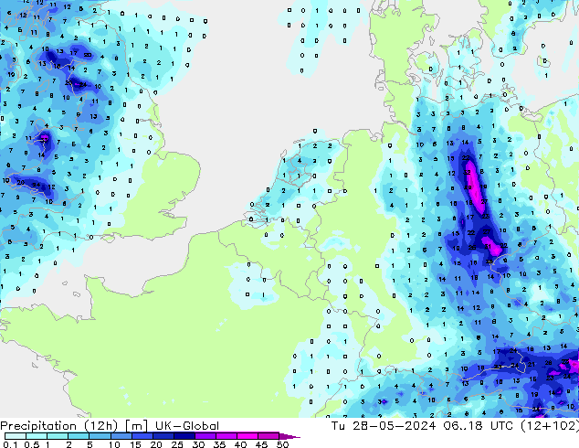 Precipitation (12h) UK-Global Tu 28.05.2024 18 UTC