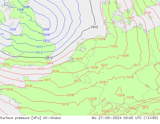 Surface pressure UK-Global Mo 27.05.2024 00 UTC