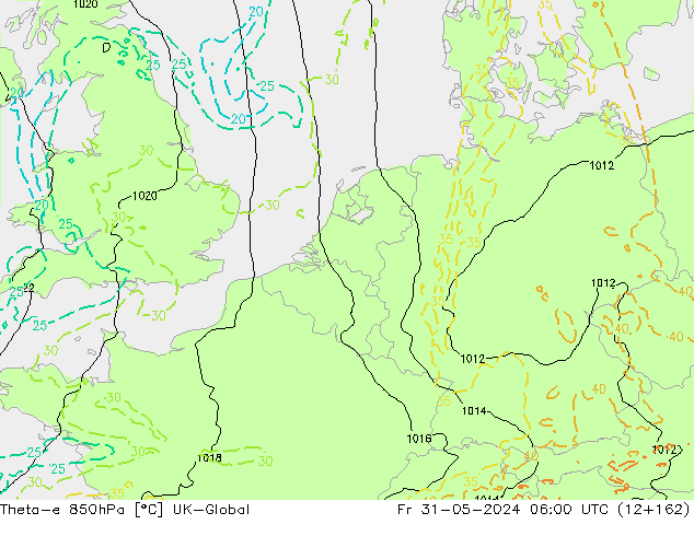 Theta-e 850hPa UK-Global Cu 31.05.2024 06 UTC