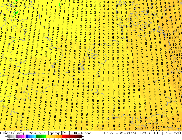 Géop./Temp. 850 hPa UK-Global ven 31.05.2024 12 UTC