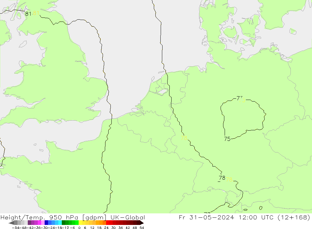 Height/Temp. 950 hPa UK-Global Fr 31.05.2024 12 UTC