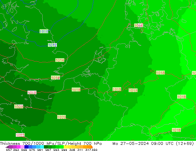 Thck 700-1000 hPa UK-Global lun 27.05.2024 09 UTC