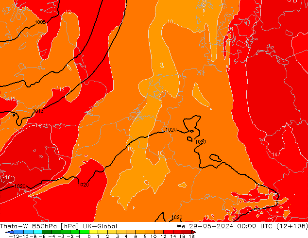 Theta-W 850hPa UK-Global mer 29.05.2024 00 UTC