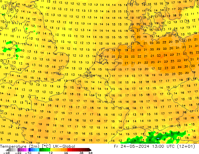 Temperaturkarte (2m) UK-Global Fr 24.05.2024 13 UTC