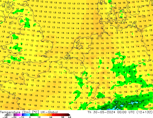 Temperatuurkaart (2m) UK-Global do 30.05.2024 00 UTC