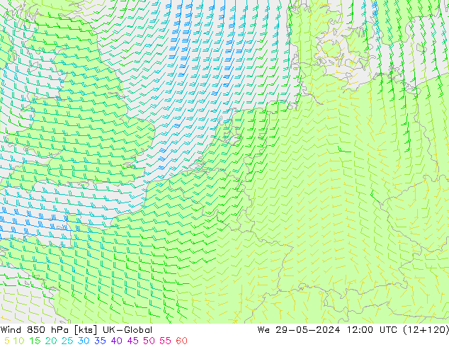 Wind 850 hPa UK-Global We 29.05.2024 12 UTC