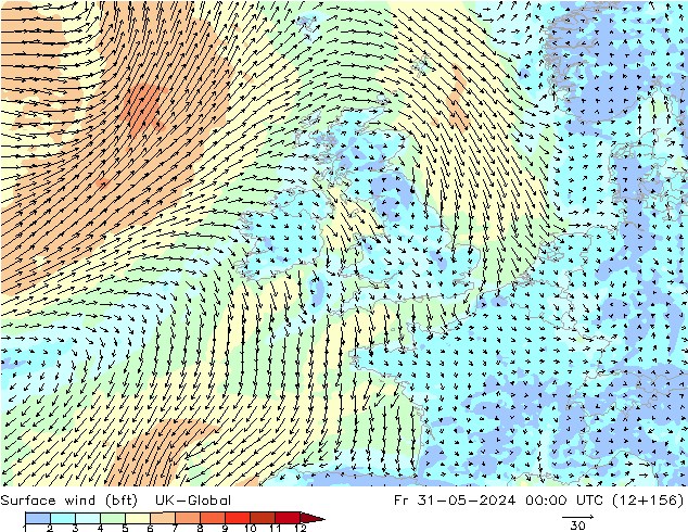 Rüzgar 10 m (bft) UK-Global Cu 31.05.2024 00 UTC