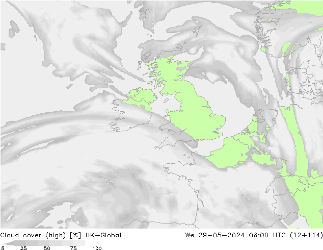 Cloud cover (high) UK-Global We 29.05.2024 06 UTC