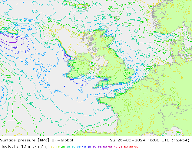 Isotachs (kph) UK-Global Su 26.05.2024 18 UTC