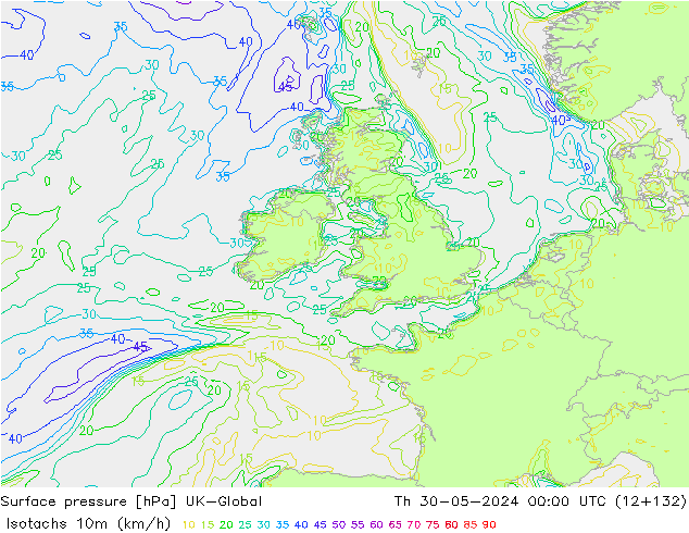 Isotachs (kph) UK-Global gio 30.05.2024 00 UTC