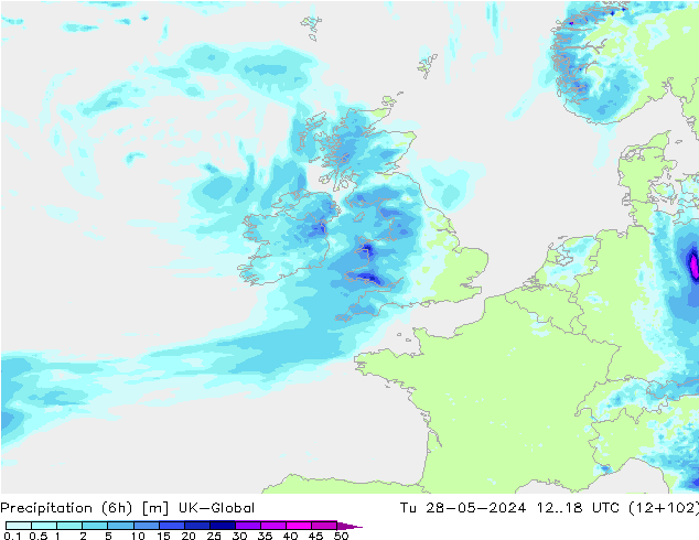 Precipitation (6h) UK-Global Tu 28.05.2024 18 UTC