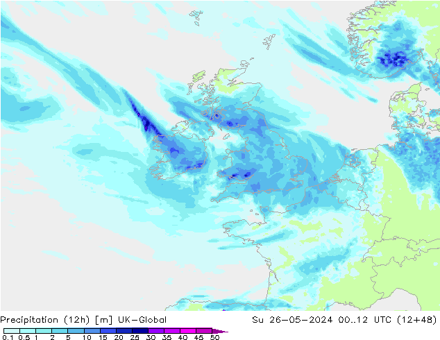 Totale neerslag (12h) UK-Global zo 26.05.2024 12 UTC