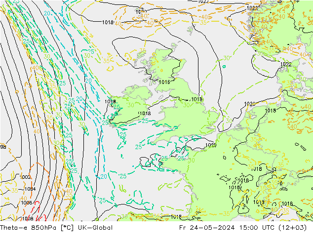 Theta-e 850hPa UK-Global Cu 24.05.2024 15 UTC