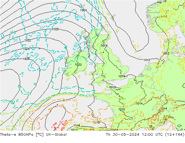 Theta-e 850hPa UK-Global Th 30.05.2024 12 UTC