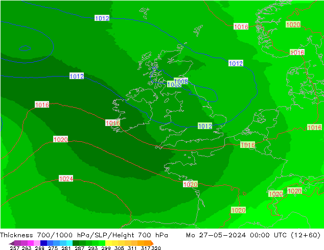 Thck 700-1000 гПа UK-Global пн 27.05.2024 00 UTC