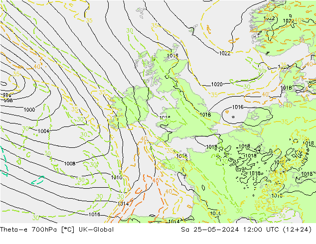 Theta-e 700hPa UK-Global sáb 25.05.2024 12 UTC