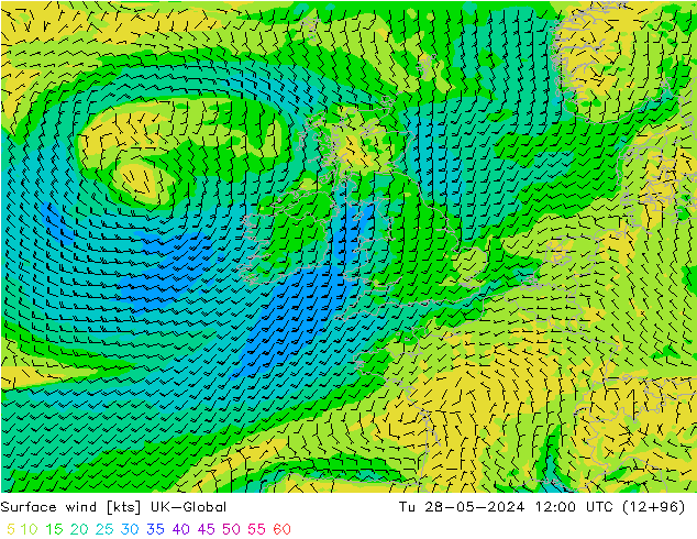 Surface wind UK-Global Tu 28.05.2024 12 UTC