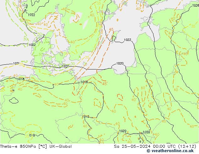 Theta-e 850hPa UK-Global So 25.05.2024 00 UTC