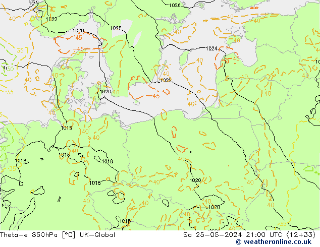 Theta-e 850hPa UK-Global Sa 25.05.2024 21 UTC