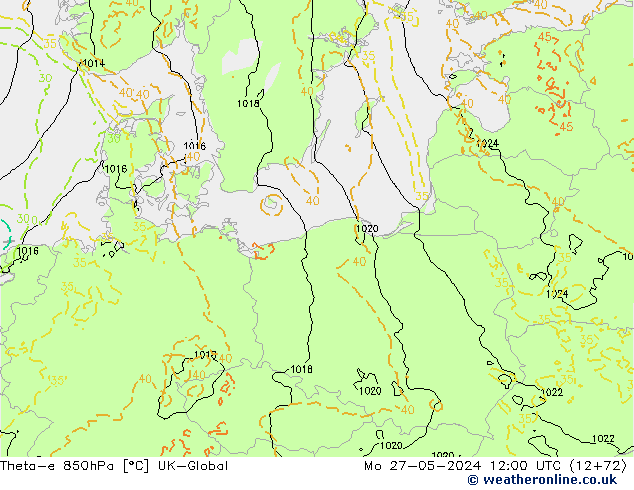 Theta-e 850гПа UK-Global пн 27.05.2024 12 UTC