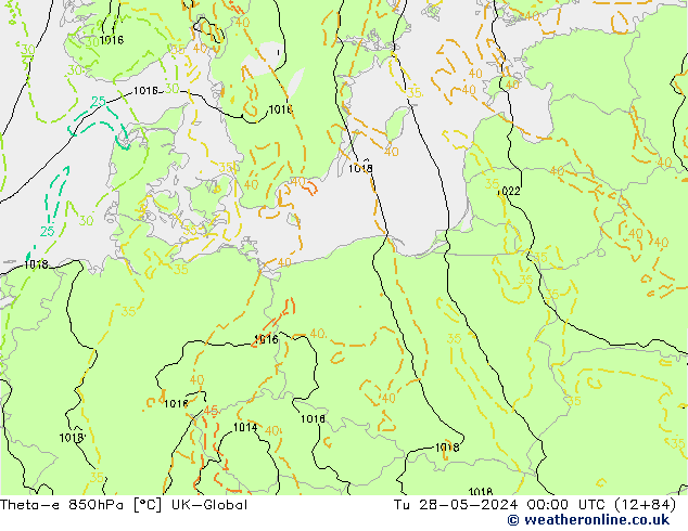 Theta-e 850hPa UK-Global Di 28.05.2024 00 UTC