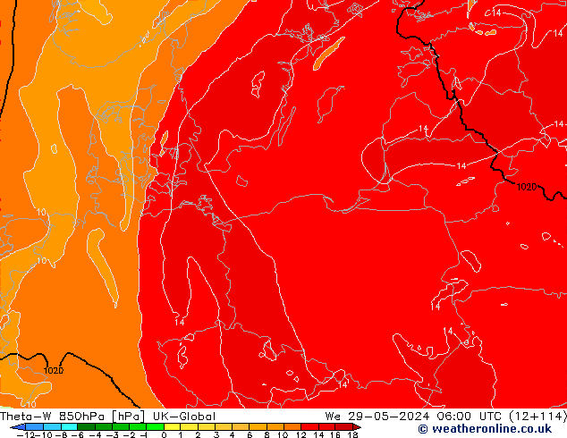 Theta-W 850hPa UK-Global Çar 29.05.2024 06 UTC