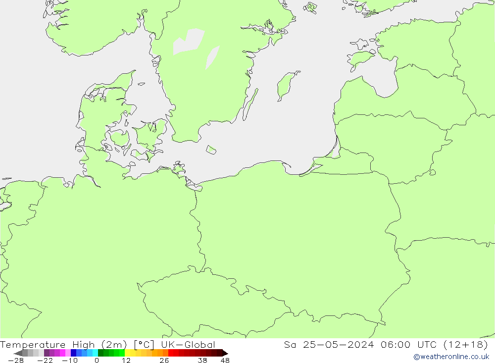 Nejvyšší teplota (2m) UK-Global So 25.05.2024 06 UTC