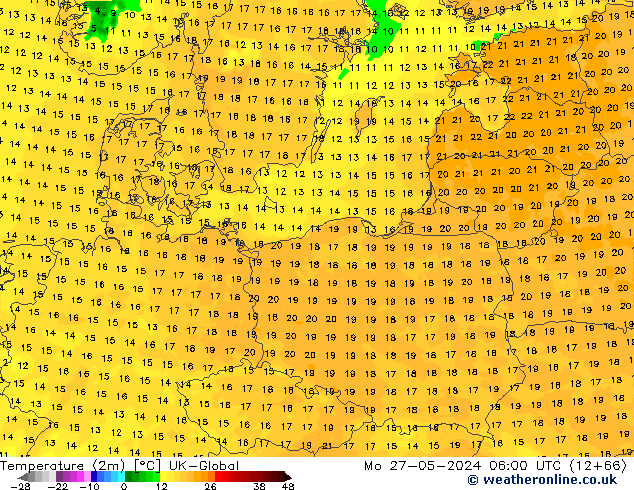 Temperature (2m) UK-Global Mo 27.05.2024 06 UTC