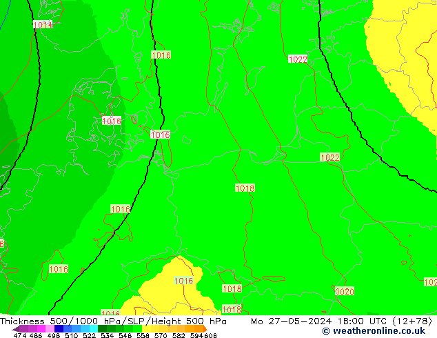 Espesor 500-1000 hPa UK-Global lun 27.05.2024 18 UTC